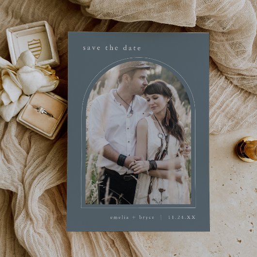 EMELIA Arch Foto Eenvoudige Boho Donkerblauwe brui Save The Date