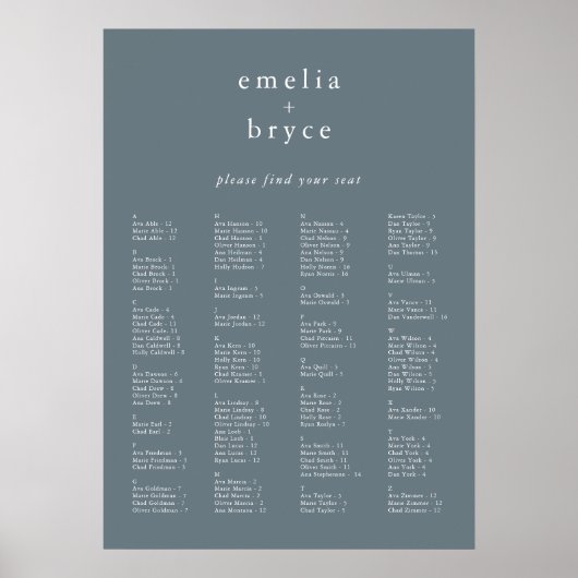 EMELIA Blue Rustic Wedding Seating Chart Sjabloon Poster (Voorkant)