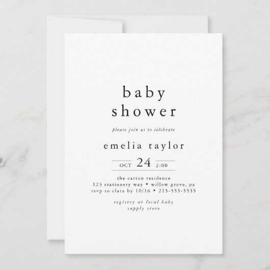EMELIA Boho Modern Zwart Wit Eenvoudig Baby shower Kaart (Voorkant)