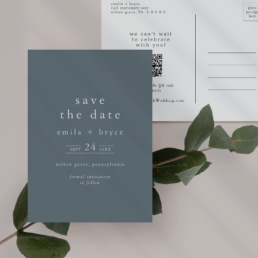 EMELIA Boho Navy Blue Simple Wedding Save the Date Uitnodiging Briefkaart