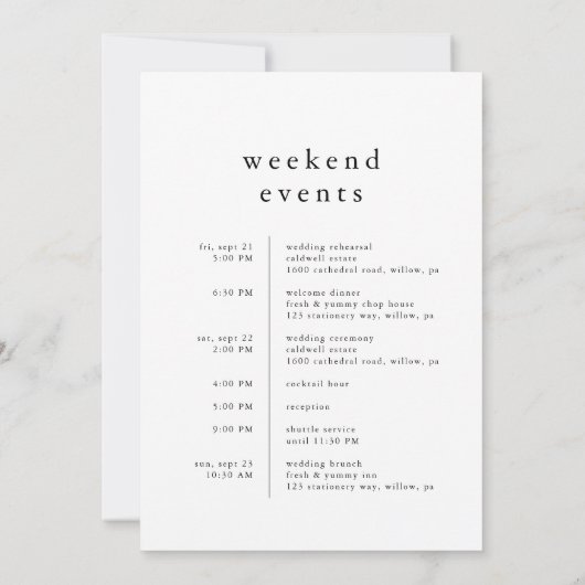 EMELIA Eenvoudige Wedding Weekend Reisschema Sjabl Kaart (Achterkant)