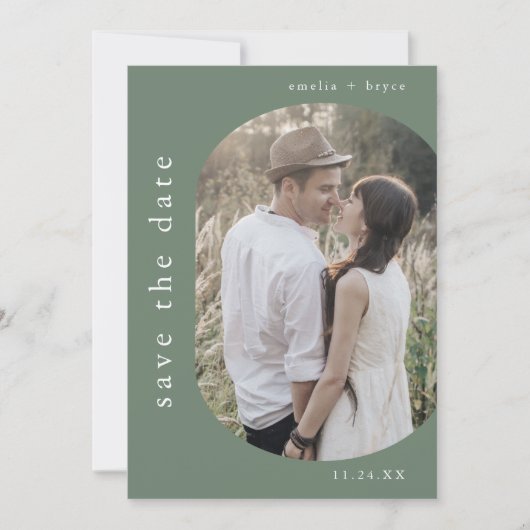 EMELIA Foto Mountain Sage Green Moderne bruiloft Save The Date (Voorkant)