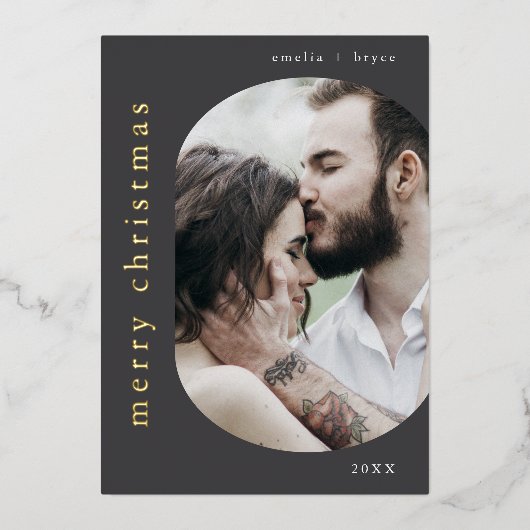 EMELIA Grijs Goud Fotootje Vrolijk Kerstfeest Folie Feestdagenkaart (Voorkant)
