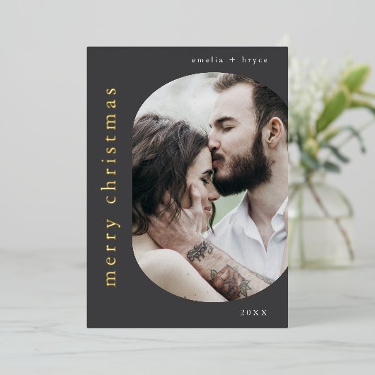 EMELIA Grijs Goud Fotootje Vrolijk Kerstfeest Folie Feestdagenkaart (Staand Voorkant)
