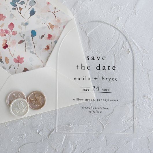 EMELIA Modern Arch Unieke bruiloft Save the Date Acryl Uitnodigingen