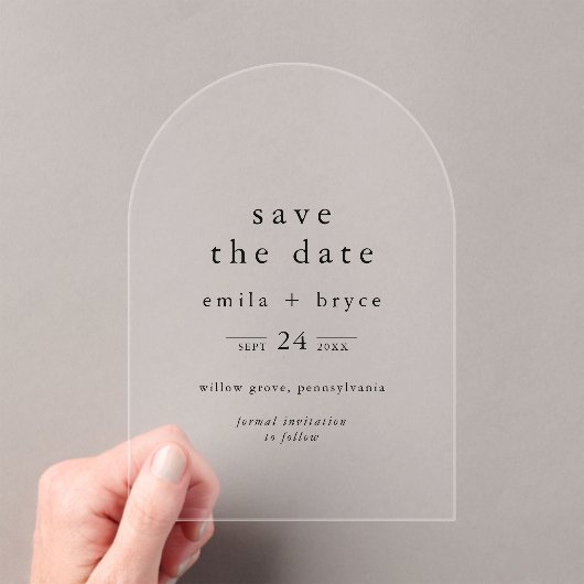 EMELIA Modern Arch Unieke bruiloft Save the Date Acryl Uitnodigingen (Insitu (Draagbaar))
