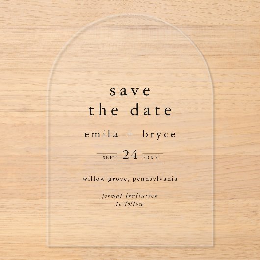 EMELIA Modern Arch Unieke bruiloft Save the Date Acryl Uitnodigingen (Voorkant)
