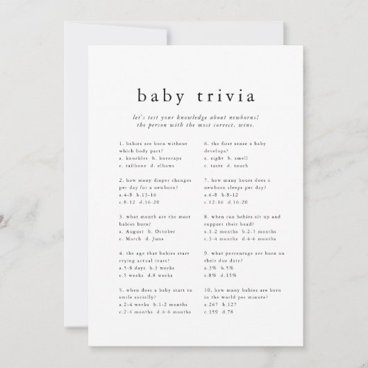 EMELIA Modern Eenvoudig Baby shower Trivia Game Ka Kaart (Voorkant)