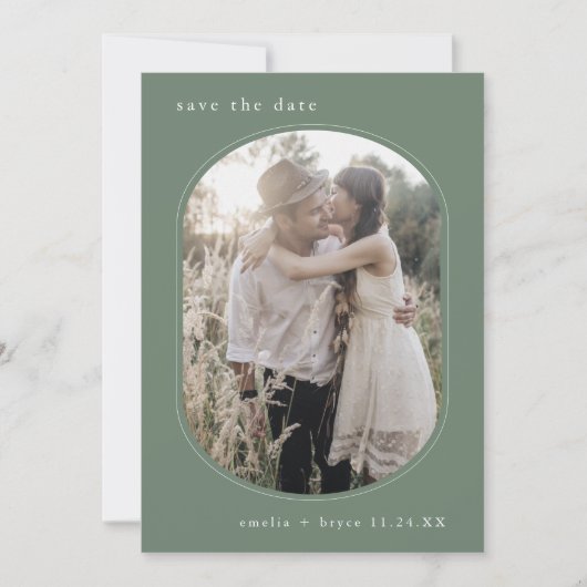 EMELIA Ovaal Foto Bos Natuur Sage Green Wedding Save The Date (Voorkant)