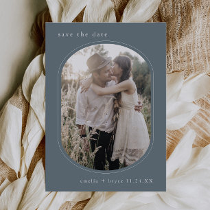 EMELIA Ovale Foto Blauw Minimalistische Huwelijk Save The Date