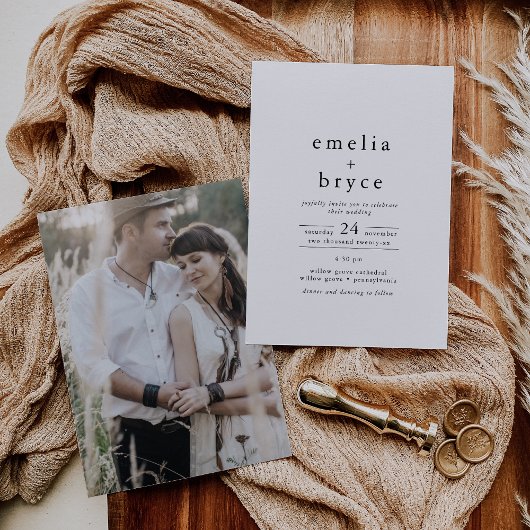 EMELIA Photo Minimalist Unieke Neutrale Huwelijk Kaart