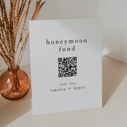 EMELIA QR Code Eenvoudige Boho Huwelijksreis Fonds Reclamebord Met Voetstuk