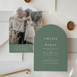 EMELIA QR Code Foto Boog Woodland Green Wedding Kaart