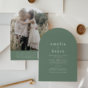 EMELIA QR Code Foto Boog Woodland Green Wedding Kaart