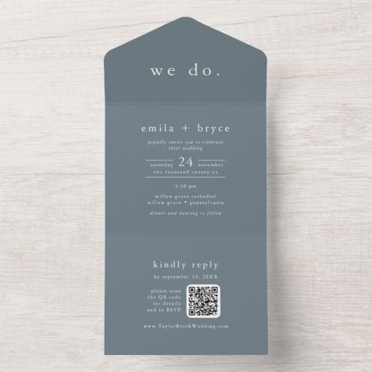 EMELIA QR Code Navy Bloemen Minimale Eenvoudige Hu All In One Uitnodiging (Binnen)