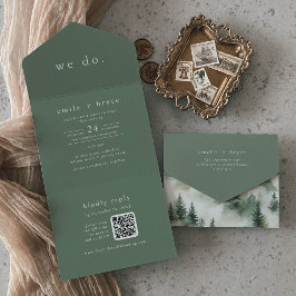 EMELIA QR Code Sage Green Forest Woodland Wedding All In One Uitnodiging