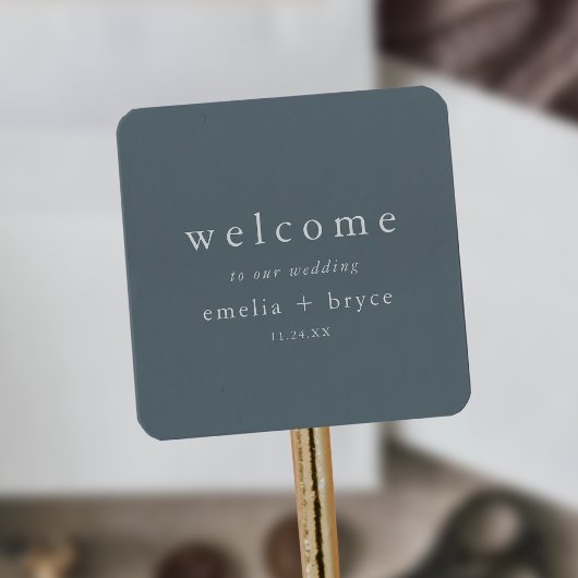 EMELIA Rustic Minimal Navy Wedding Welcome Bag Vierkante Sticker