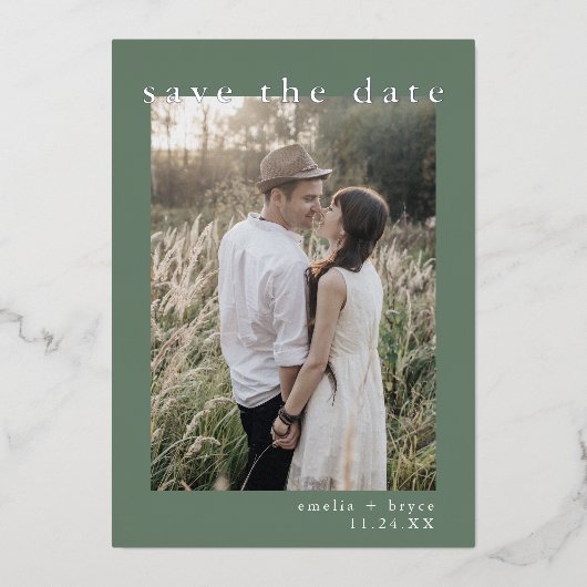 EMELIA Silver Foil Natuur Wedding Save the Date Folie Uitnodiging (Voorkant)