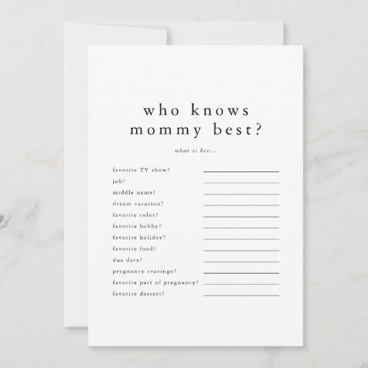 EMELIA Wie kent mama Beste Baby shower Game Kaart (Voorkant)