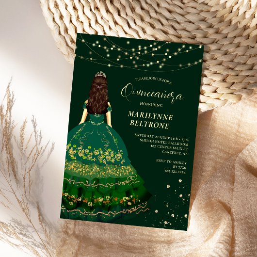 Emeral Groen en Goud Prinses Quinceañera Kaart