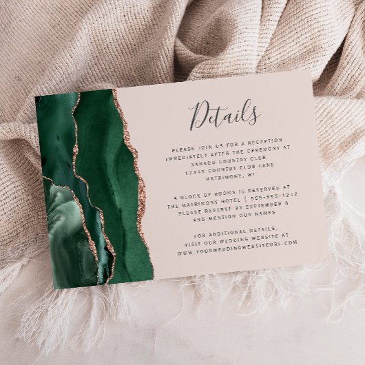 Emerald Agaat Roos Gold Blush Bruiloft Details Informatiekaartje