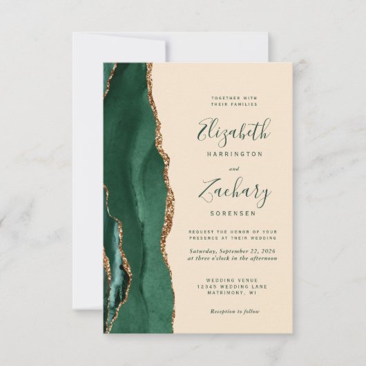Emerald Agate Champagne QR Code Bruiloft Kaart (Voorkant)