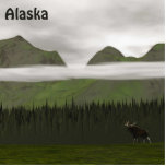 Emerald Alaska Staand Fotobeeldje<br><div class="desc">Een "primitief" of folkachtig digitaal schilderij van groene naaldbomen en bergen in Alaska op een zeer grijze en troebele dag. Een stierenmolen (de algen van de Alzen) in de voorgrond leent schaal aan de scène.  tekst,  "Alaska",  verschijnt ook.</div>