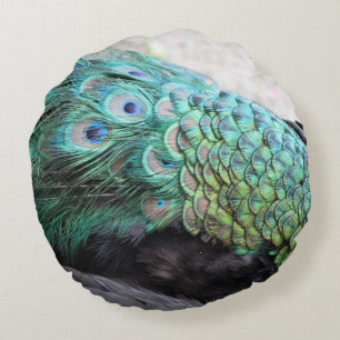 Emerald and Beige Elegant Round Peacock Feathers Rond Kussen