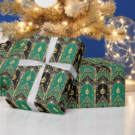 Emerald and Black Art Deco Holiday Pattern Cadeaupapier