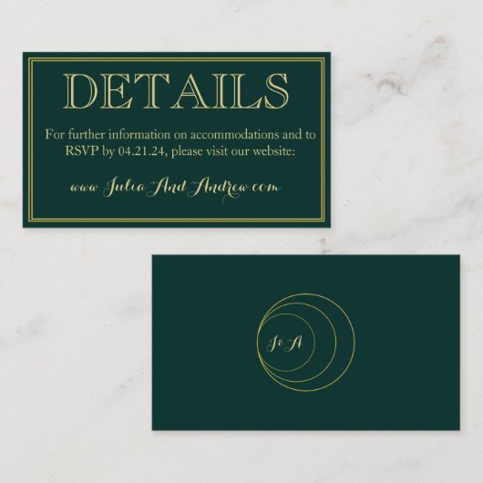 Emerald and Gold Art Deco-kaart met details Informatiekaartje (Voorkant / Achterkant)