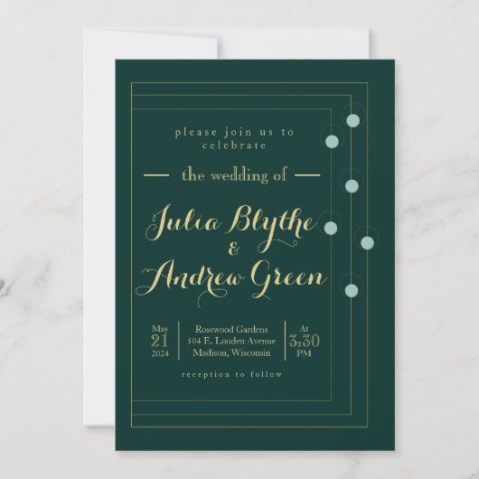 Emerald and Gold Art Deco Wedding Invitation Kaart (Voorkant)