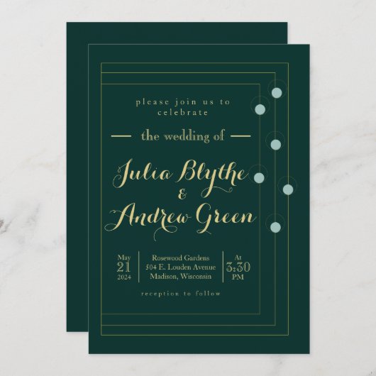 Emerald and Gold Art Deco Wedding Invitation Kaart (Voorkant / Achterkant)