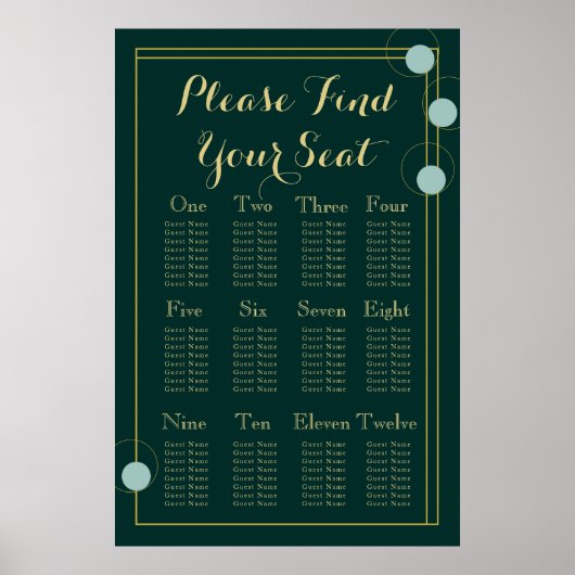 Emerald and Gold Art Deco Wedding Seating Chart Poster (Voorkant)