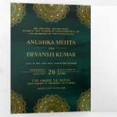 Emerald and Gold Asian Mandala Indian Wedding Drieluik Uitnodiging (Binnenzijde eerst)