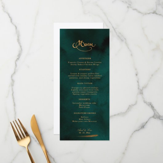 Emerald and Gold Calligraphy Elegant Wedding Menu (Voorkant / Achterkant in situ)