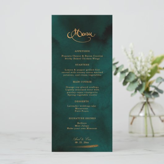 Emerald and Gold Calligraphy Elegant Wedding Menu (Staand voorkant)