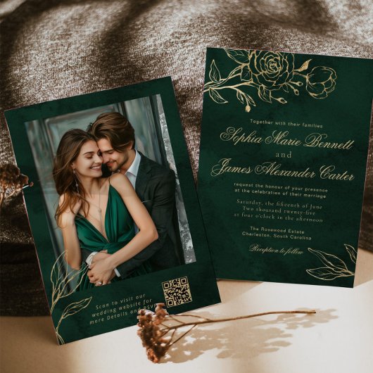 Emerald and Gold Elegant Botanical Photo Wedding Kaart