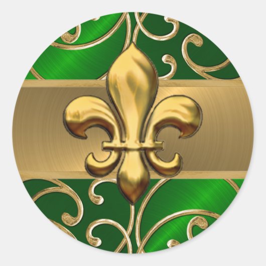 Emerald and Gold Filigree Swirls Fleur de Lis Ronde Sticker (Voorkant)