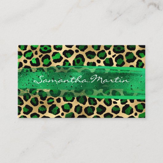 Emerald and Gold Foil Leopard Brush Stroke Visitekaartje (Voorkant)