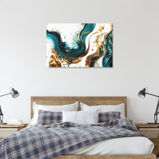 Emerald and Gold Marble Abstracte Fluid Art Canvas Afdruk (Insitu (Slaapkamer))