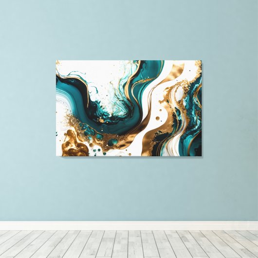 Emerald and Gold Marble Abstracte Fluid Art Canvas Afdruk (Insitu (Houten vloer))