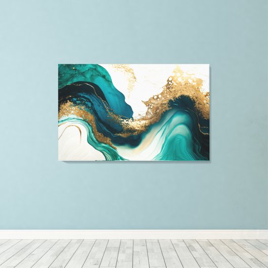 Emerald and Gold Marble Abstracte Fluid Art Canvas Afdruk (Insitu (Houten vloer))