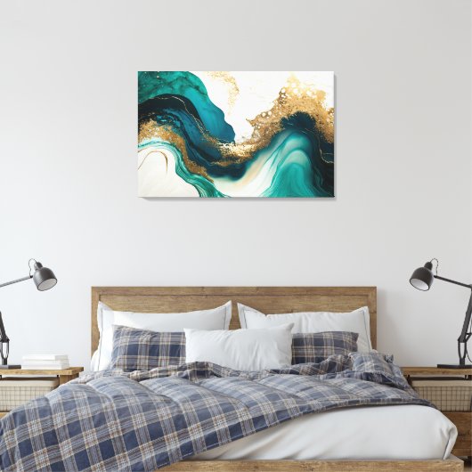 Emerald and Gold Marble Abstracte Fluid Art Canvas Afdruk (Insitu (Slaapkamer))