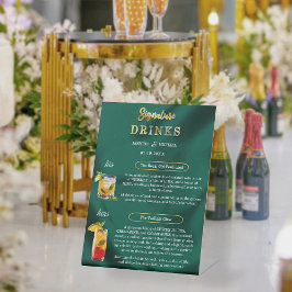 Emerald and Gold Minimal Wedding Signature Drinks Reclamebord Met Voetstuk