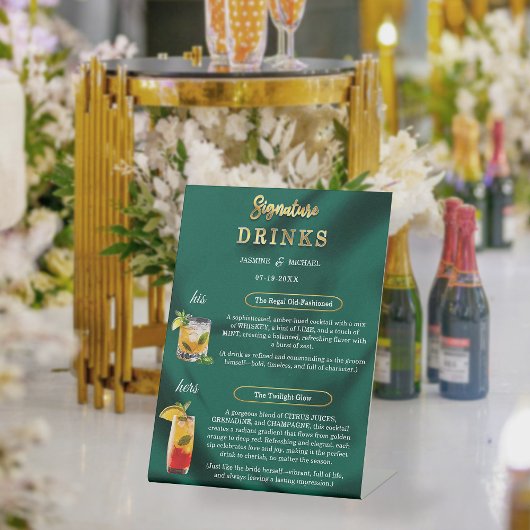 Emerald and Gold Minimal Wedding Signature Drinks Reclamebord Met Voetstuk