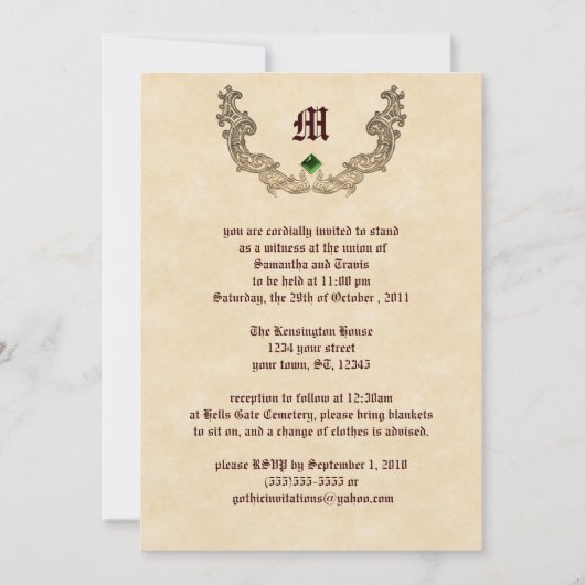 Emerald and Gold Monogram Gothic Invitation Kaart (Voorkant)