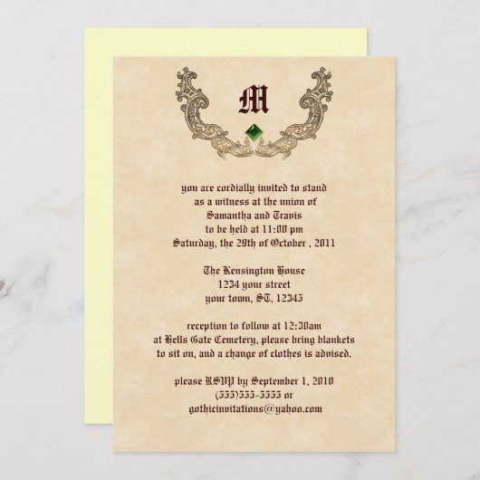 Emerald and Gold Monogram Gothic Invitation Kaart (Voorkant / Achterkant)