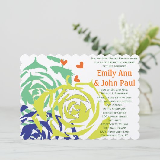 Emerald and Navy Modern Succulent Wedding Invite Kaart (Staand voorkant)