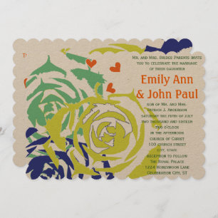 Emerald and Navy Modern Succulent Wedding Invite Kaart