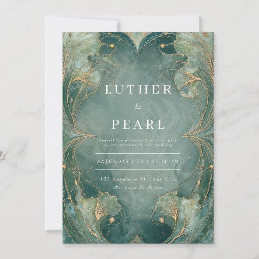 Emerald Art Nouveau Ginkgo bruiloft uitnodiging (Voorkant)